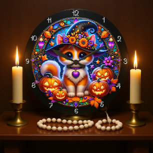 Schattige Kitten Halloween Glas in lood Grote Klok