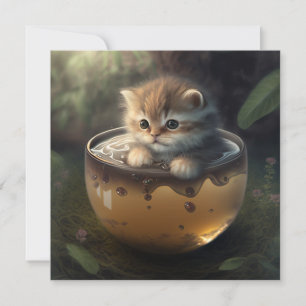 Schattige kitten in doorzichtig glazen theekopje b feestdagenkaart