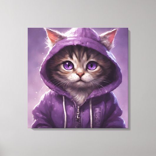 Schattige kitten in een Paarse hoodie Canvas Afdruk (Voorkant)