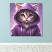 Schattige kitten in een Paarse hoodie Canvas Afdruk (Insitu (Houten vloer))