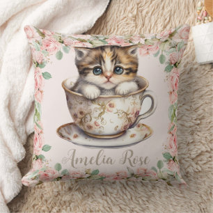 Schattige kitten kat in thee cup blush roze bloemi kussen