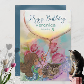 Schattige Kitten Meisje Tulpen Verjaardag Kaart