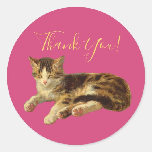 Schattige Kitty Cat Dank u Magenta Gold Script Ronde Sticker (Voorkant)