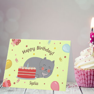 Schattige Kitty Cat Green Verjaardagsfeest Kaart