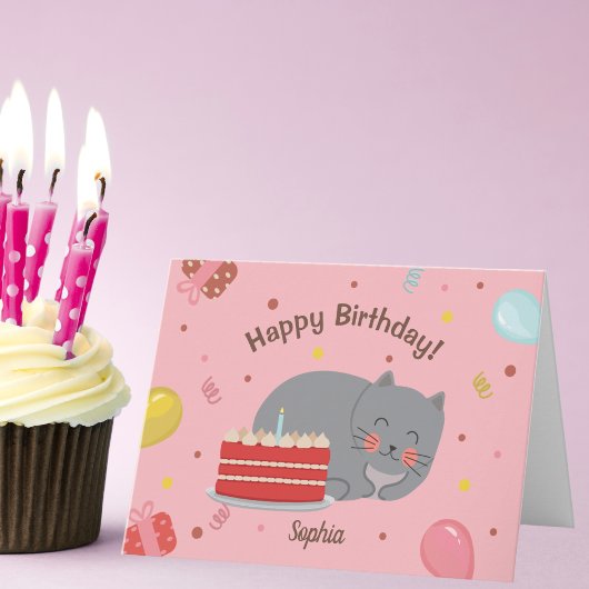 Schattige Kitty Cat Pink Verjaardagsfeestje Kaart