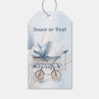 Schattige Klassieke Babywagen Blauwe Bloemenpracht Cadeaulabel
