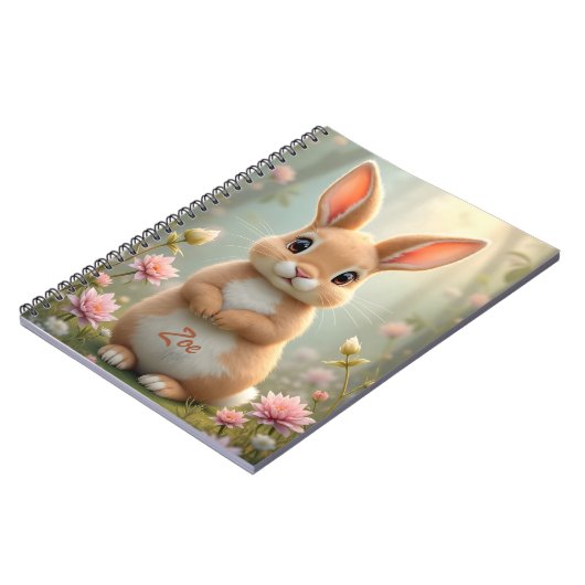 Schattige klein konijntje omringd door bloemen, op notitieboek (Linkerzijde)