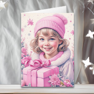 Schattige klein  meisje in roze retro kerst kaart
