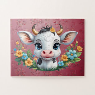 Schattige klein meisje koe in bloemen legpuzzel