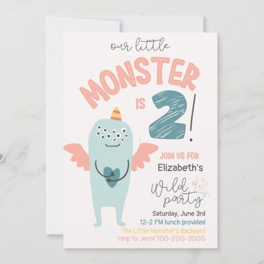 Schattige klein monster 2e verjaardagsuitnodiging kaart (Voorkant)