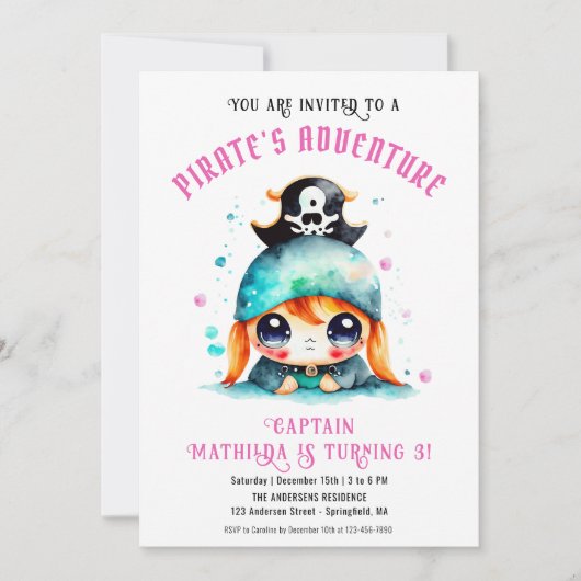 Schattige klein piraat meisje roze verjaardagsfees kaart (Voorkant)