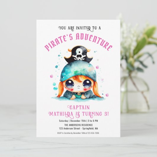 Schattige klein piraat meisje roze verjaardagsfees kaart (Staand voorkant)