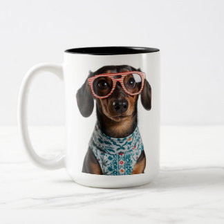 Schattige Kleine Dachshond Met Rode Bril Tweekleurige Koffiemok