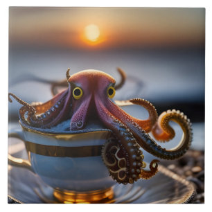 Schattige kleine octopus in een theekopje bij zons tegeltje
