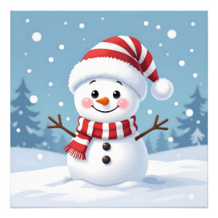 Schattige kleine sneeuwman met sjaal en hoed foto afdruk
