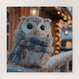 Schattige kleine uil met gebreide winter sjaal legpuzzel