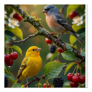 Schattige Kleine Vogels Met Rode Bessen In Bos Nat Perfect Poster
