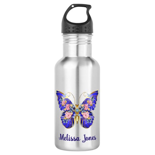 Schattige Kleurrijk Blauw Roze Gouden Vlinder Bloe Waterfles (Voorkant)
