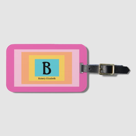 Schattige & Kleurrijk Monogram Letternaam Girly Fu Bagagelabel (Voorkant (horizontaal))