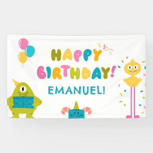 Schattige kleurrijk monstertje Happy Birthday Spandoek