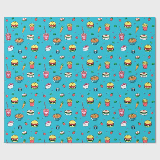 Schattige kleurrijk voedingspatroon op blauw cadeaupapier (Vlak)