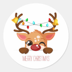 Schattige Knipogende Rendier Kerstlichtjes Ronde Sticker