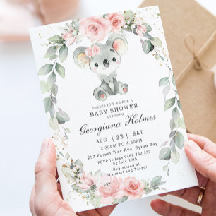 Schattige Koala Roze Bloemen Salie Groen Baby show Kaart