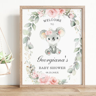 Schattige Koala Roze Bloemen Salie Groen Baby show Poster