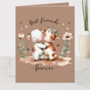 Schattige Koe Beste Vrienden Knuffelen Bloemrijke Kaart
