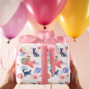 Schattige koe in vliegtuig, ruimte, katten, maan, cadeaupapier
