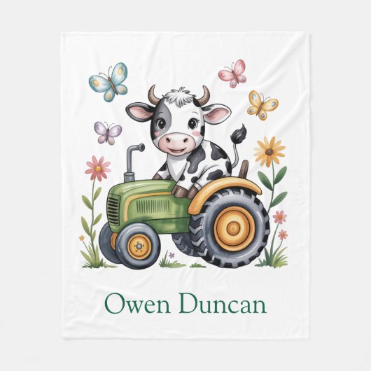 Schattige Koe op Tractor Jongens Verjaardagsfeest  Fleece Deken (Voorkant)