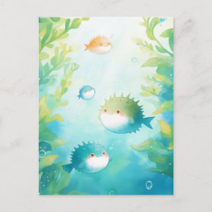 Schattige Kogelvis Zwemt in Groene Zeewier Briefkaart