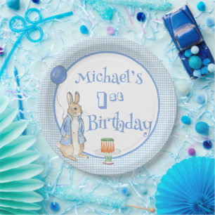 Schattige Konijn Blauw 1e Verjaardagsfeest Papieren Bordje