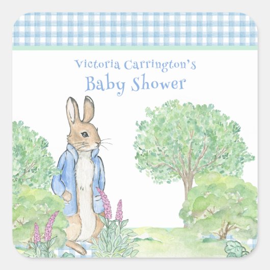 Schattige Konijn Blauw Dier Thema Waterverf Vierkante Sticker (Voorkant)