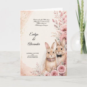 Schattige Konijn Bruid en Bruidegom Roze Bloemen G Kaart