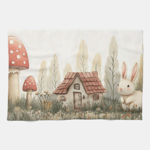 Schattige konijn, huisje, paddenstoelen sprookjesa theedoek