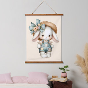 Schattige konijn in Overalls met Straw Pet & Bow Hangend Wandkleed
