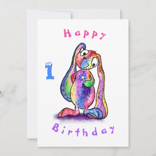 Schattige konijn met bloem Baby Verjaardag Kaart (Voorkant)