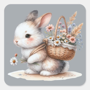 Schattige konijn met bloemen Waterverf Art Vierkante Sticker
