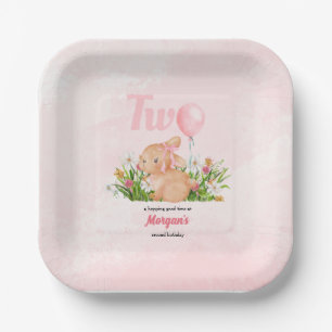 Schattige konijn wordt twee roze meisjes tweede ve papieren bordje