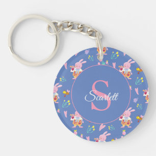 Schattige konijnenbijenpatroon Monogram Naam blauw Sleutelhanger