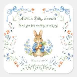 Schattige Konijnenjongen Bloemen Blauwe Strik Baby Vierkante Sticker