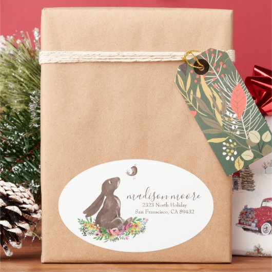 Schattige Konijnenkonijn Bloemen Mailing/Retouradr Ovale Sticker (Feestdagen)