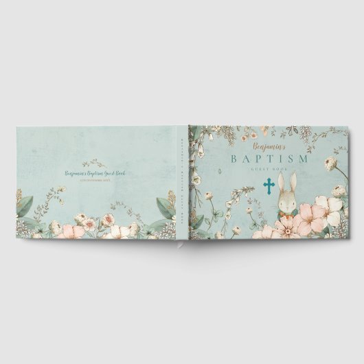  Schattige Konijntje Bloemen Groen Baby Doop Gastenboek (Volledig)