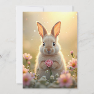 Schattige konijntje in roze bloemetjes, Pasen Feestdagenkaart