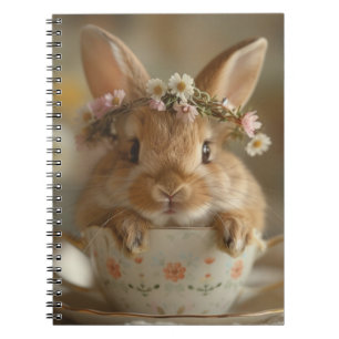 Schattige konijntje met een bloemkroon in een kopj notitieboek