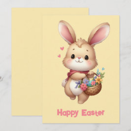 Schattige konijntje met mand en sjaal geel feestdagenkaart