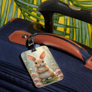 Schattige konijntje omringd door bloemen, kinder bagagelabel