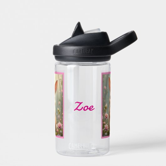 Schattige konijntje omringd door bloemen, kinder waterfles (Links)