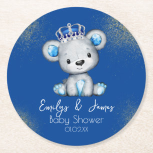 Schattige Koningsblauwe Beer Jongen Baby Shower Ronde Kartonnen Onderzetter